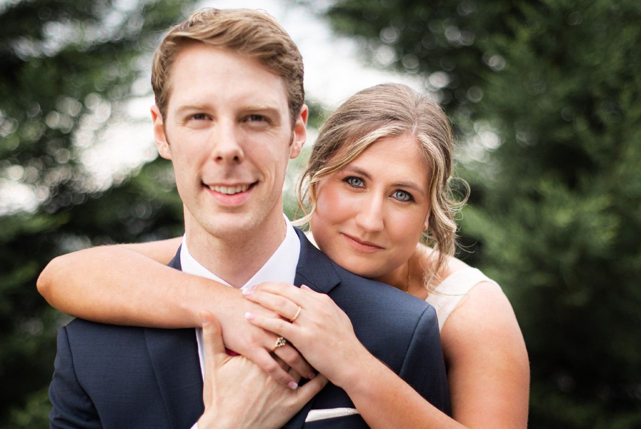 A portrait of a bride and groom