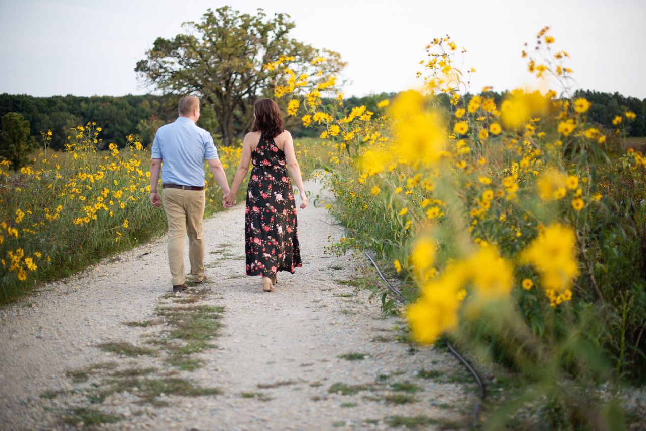 A couple holding hands walking away from the camera, in a field of flowers